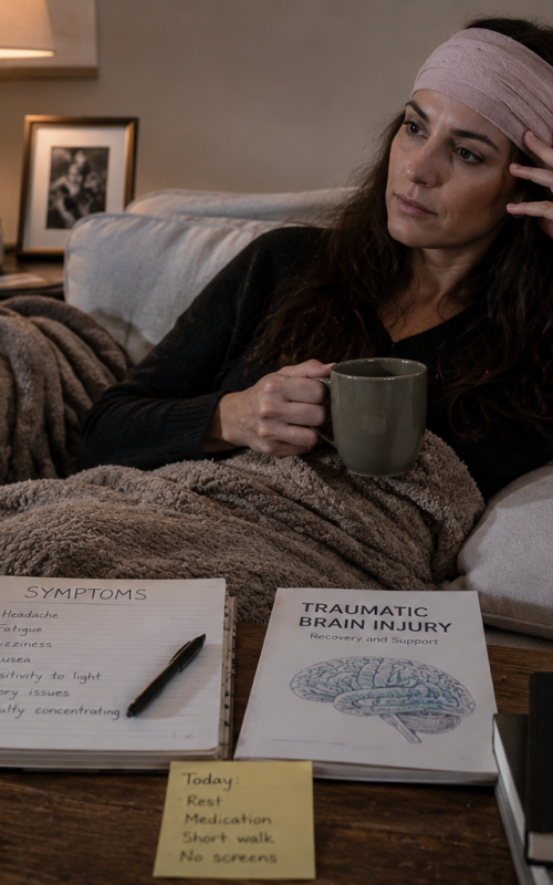 Female actor recovering at home after traumatic brain injury with medical notes and quiet surroundings