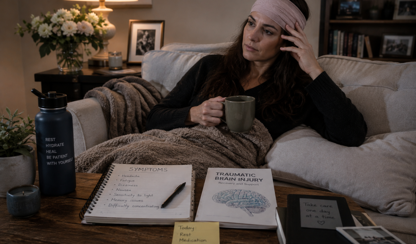 Female actor recovering at home after traumatic brain injury with medical notes and quiet surroundings