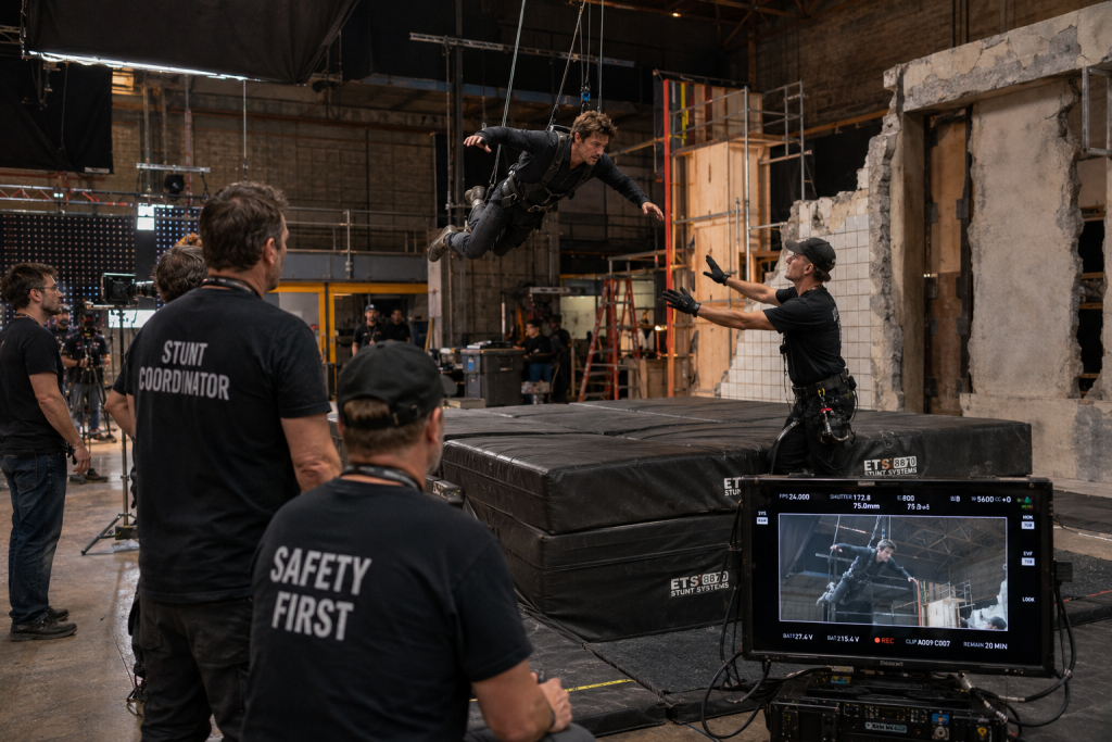 Film crew coordinating stunt rehearsal using safety harnesses and crash mats