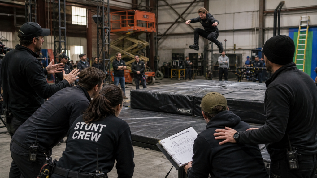 Film crew coordinating stunt rehearsal with safety equipment