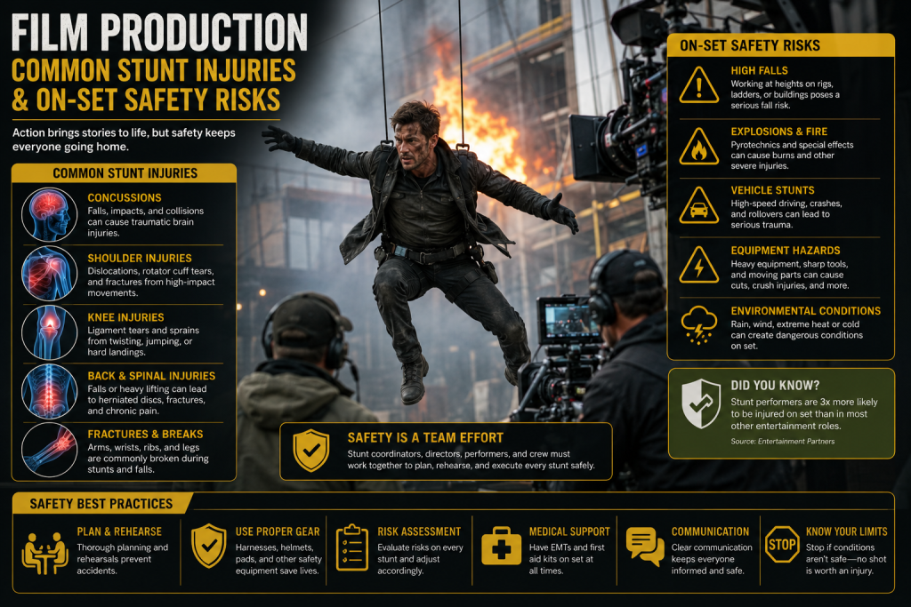 Film production infographic showing common stunt injuries and on-set safety risks