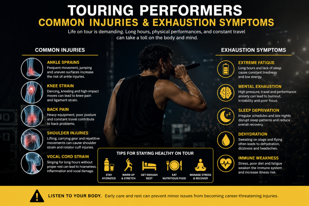 Infographic showing common injuries and exhaustion symptoms experienced by touring performers
