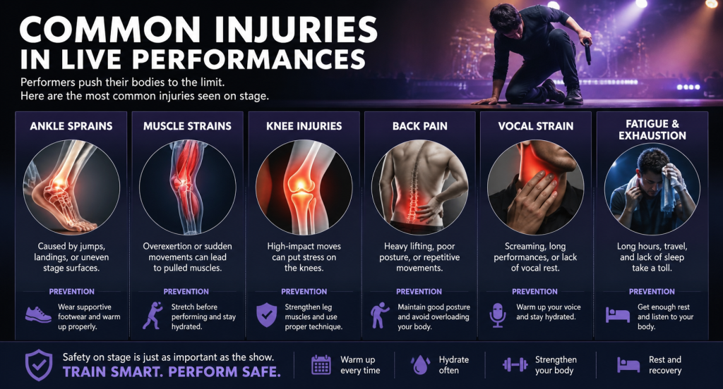 Infographic showing common injuries in live performances