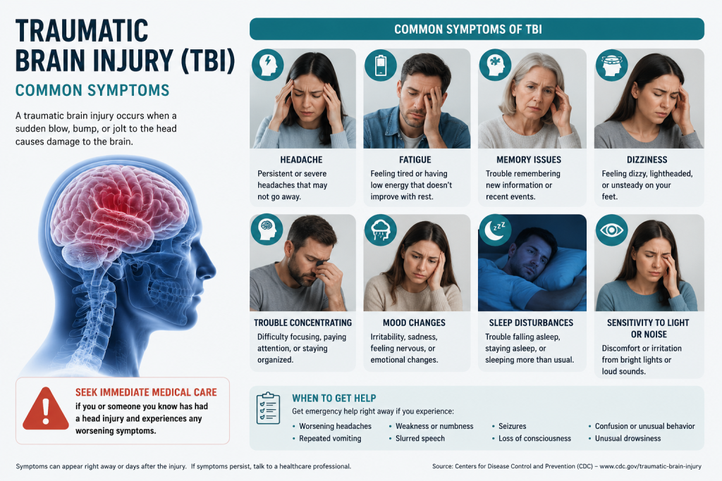 Infographic showing traumatic brain injury symptoms including headache, fatigue, memory issues, and dizziness