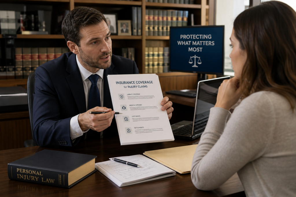 Legal consultation discussing insurance coverage for injury claims