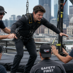 Male actor rehearsing dangerous stunt scene with safety crew and harness equipment