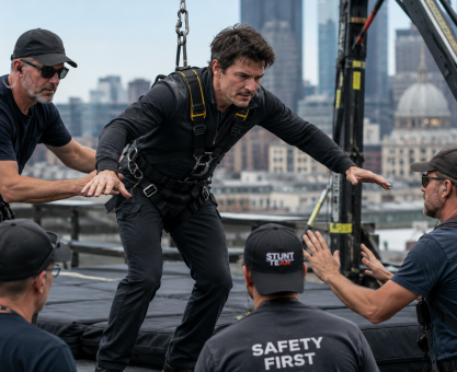 Male actor rehearsing dangerous stunt scene with safety crew and harness equipment