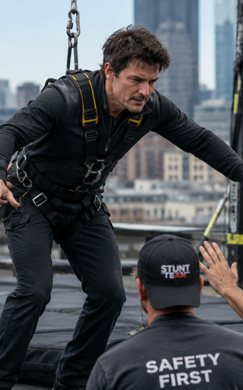 Male actor rehearsing dangerous stunt scene with safety crew and harness equipment