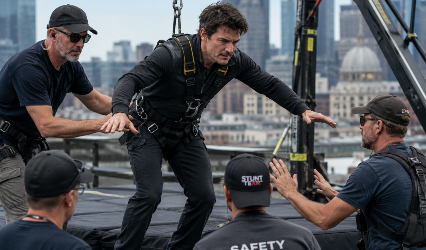 Male actor rehearsing dangerous stunt scene with safety crew and harness equipment
