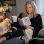 Older female celebrity resting at home with a knee brace after canceling a major film festival appearance