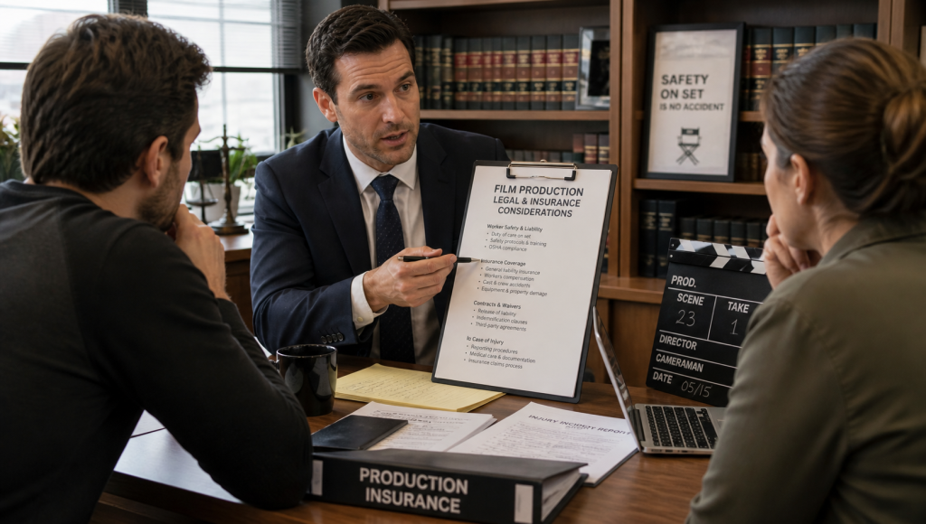 Professional discussing legal and insurance considerations for film production injuries