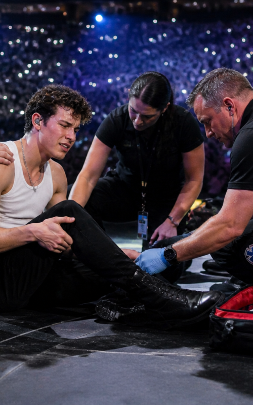Singer receiving medical attention on stage during live performance