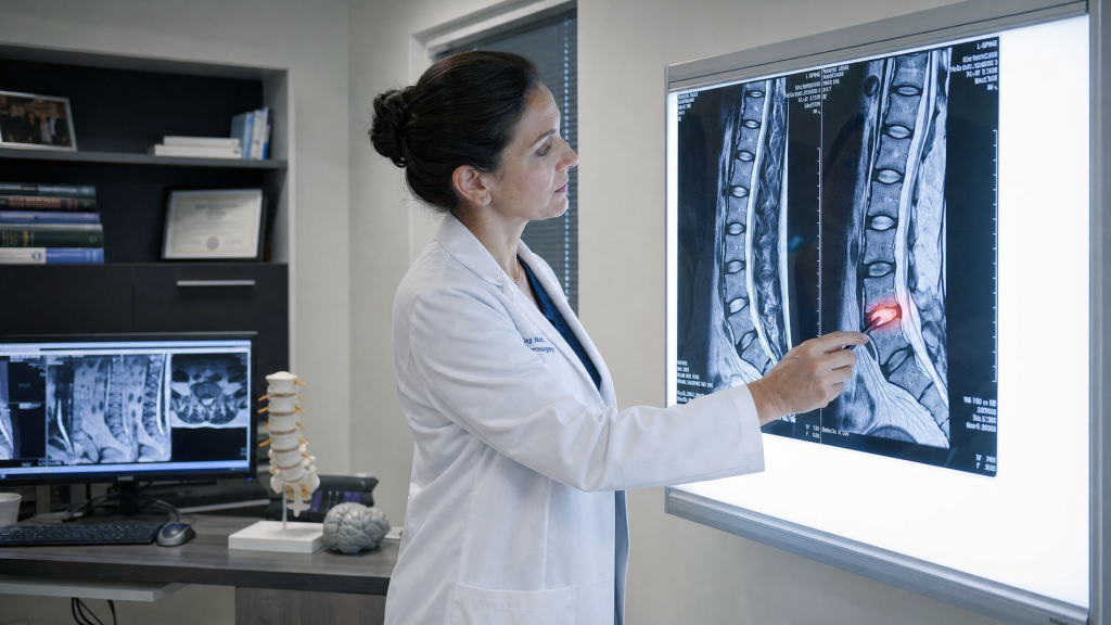 A doctor reviewing a detailed MRI scan of a human spine showing a herniated disc compressing a nerve root