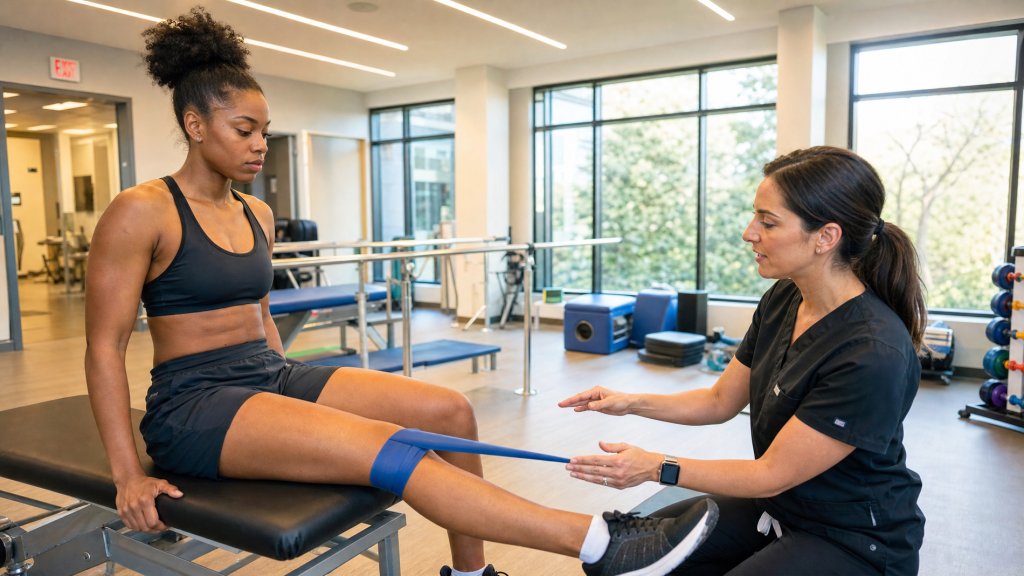 A female athlete performing physical therapy exercises on her knee with a resistance band in a modern clinic