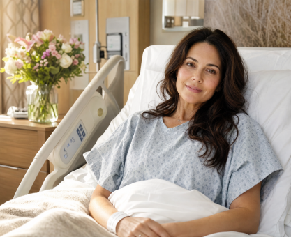 A female television personality resting in a hospital bed recovering from minimally invasive spine surgery