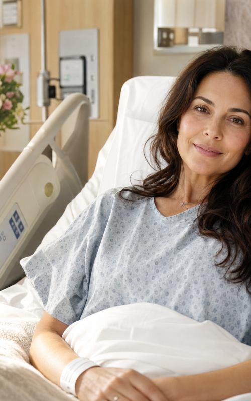 A female television personality resting in a hospital bed recovering from minimally invasive spine surgery
