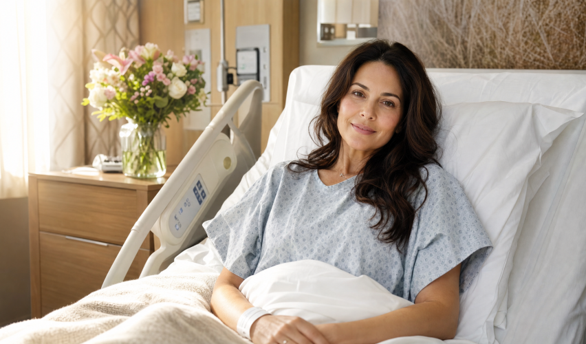 A female television personality resting in a hospital bed recovering from minimally invasive spine surgery