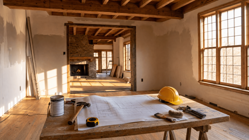 A paused home renovation television set with construction tools resting on a wooden table
