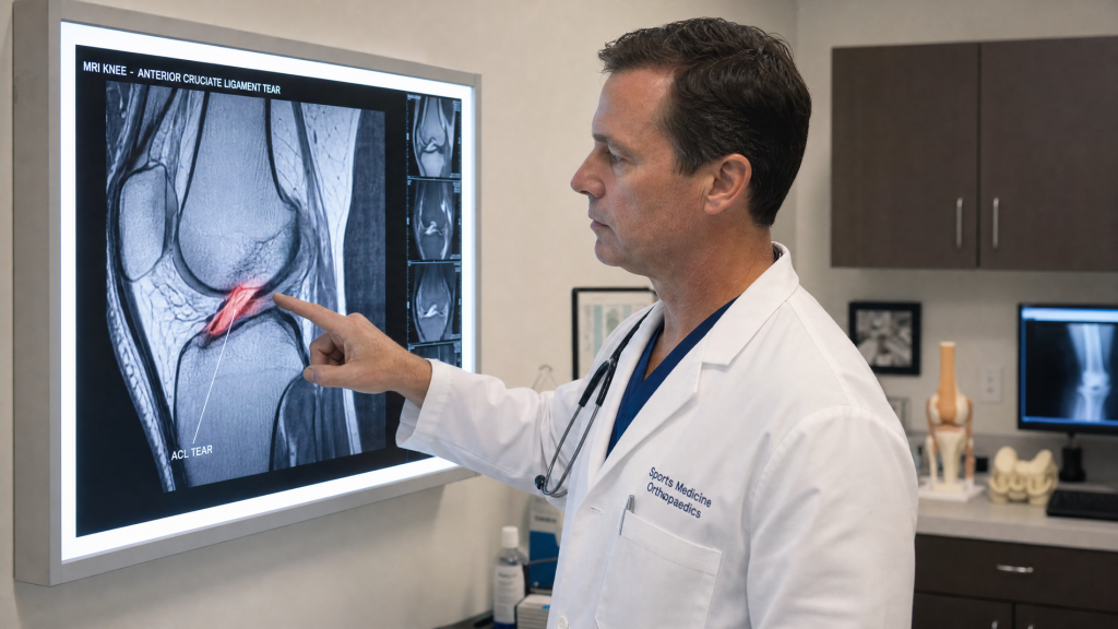 A sports medicine doctor reviewing an MRI scan of a torn anterior cruciate ligament in a knee joint