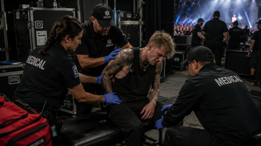 Concert medical team assisting performer backstage after live performance injury
