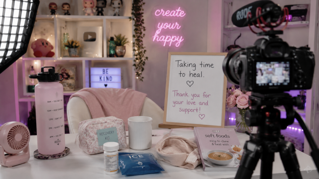 Content creator studio paused after facial injury with camera equipment and recovery items nearby