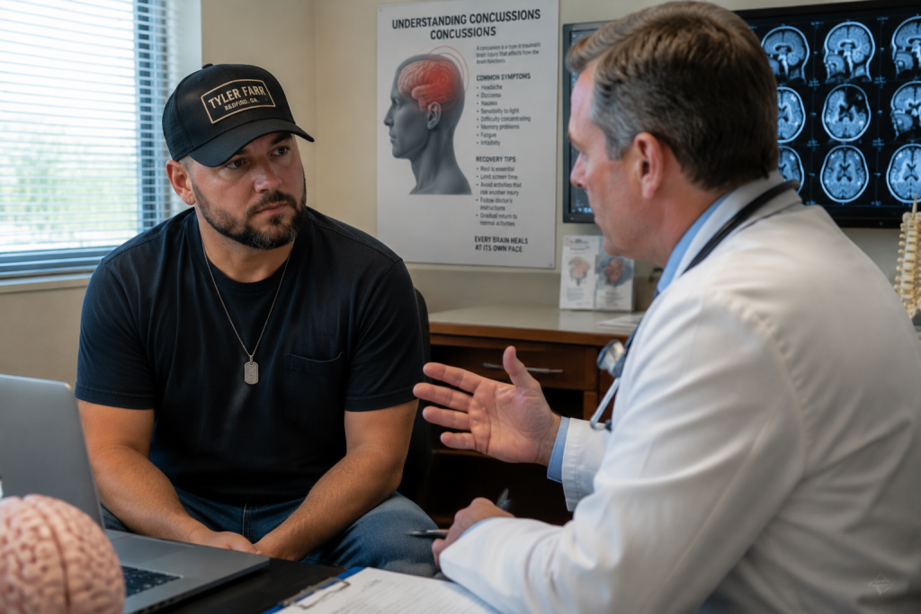 Country singer speaking with doctor during concussion follow-up after farm accident