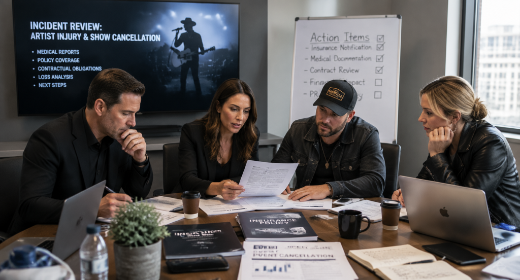 Entertainment professionals reviewing insurance documents after country singer injury cancellation