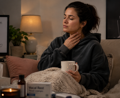 Female singer resting her voice at home during vocal cord recovery after intense performances