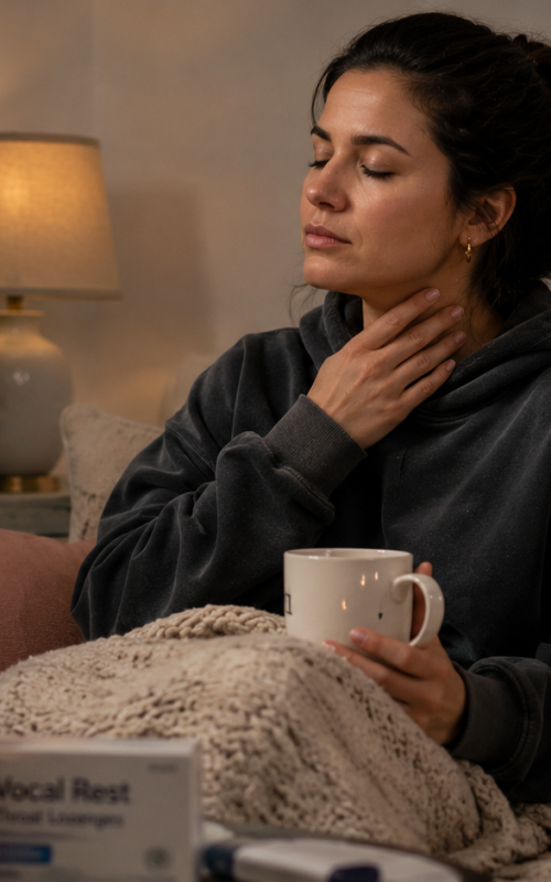 Female singer resting her voice at home during vocal cord recovery after intense performances