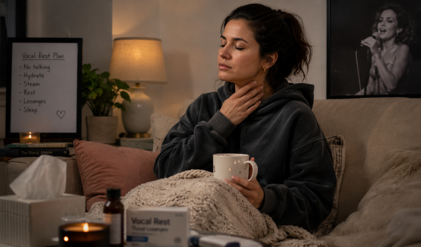 Female singer resting her voice at home during vocal cord recovery after intense performances