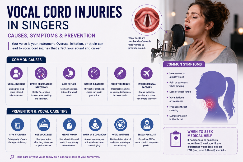 Infographic showing common causes and symptoms of vocal cord injuries in singers