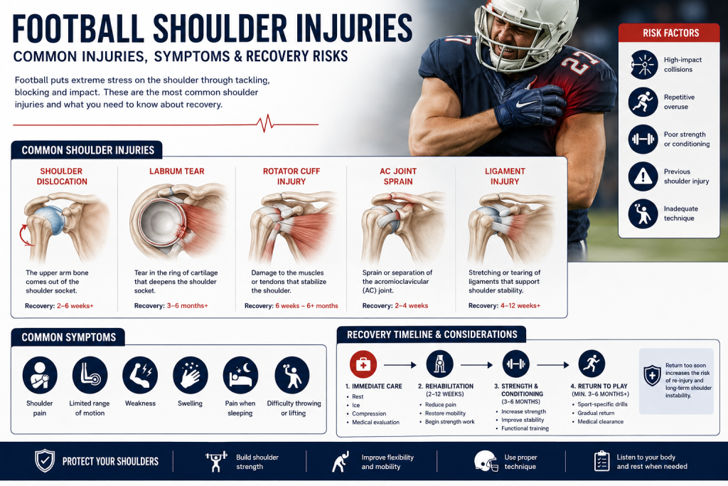 Infographic showing common football shoulder injuries and recovery risks