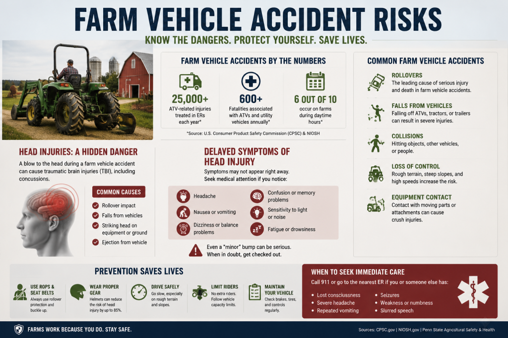 Infographic showing farm vehicle accident risks including concussion, falls, and delayed head injury symptoms