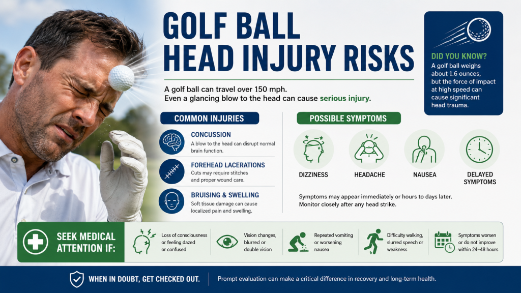 Infographic showing golf ball head injury risks including concussion, stitches, and delayed symptoms