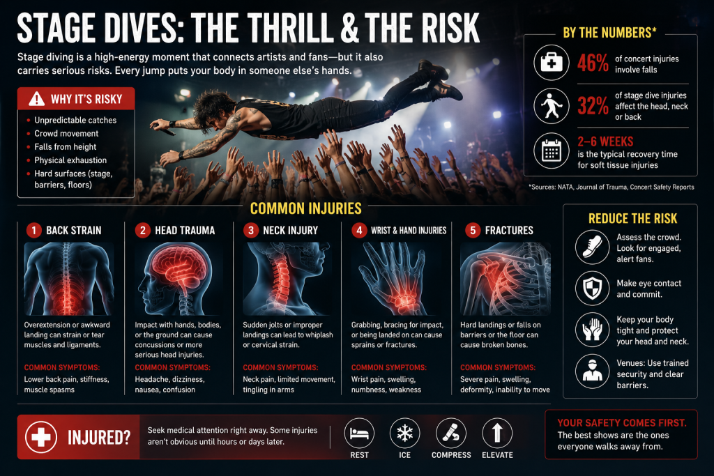 Infographic showing injury risks from stage dives including back strain and head trauma