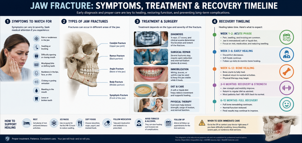 Infographic showing jaw fracture symptoms, dental trauma, surgery, and recovery timeline