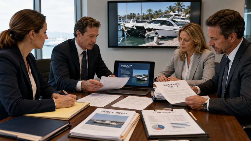 Legal and insurance professionals reviewing documents after celebrity boating injury