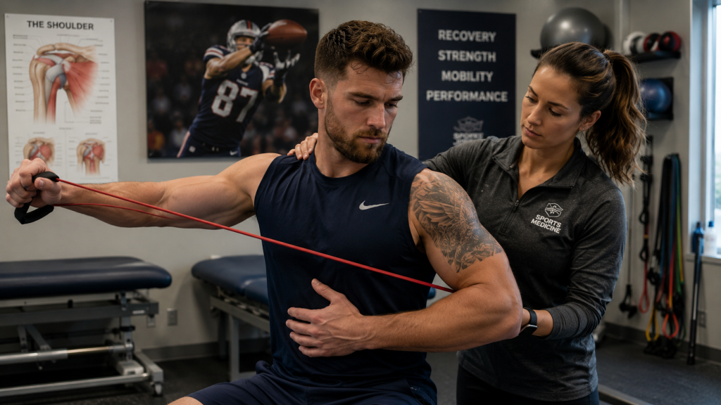 Professional athlete performing shoulder rehabilitation exercises with physical therapist