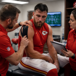 Professional football player recovering from shoulder injury with medical support team nearby