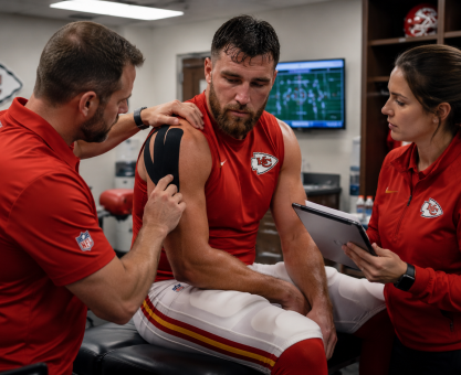 Professional football player recovering from shoulder injury with medical support team nearby