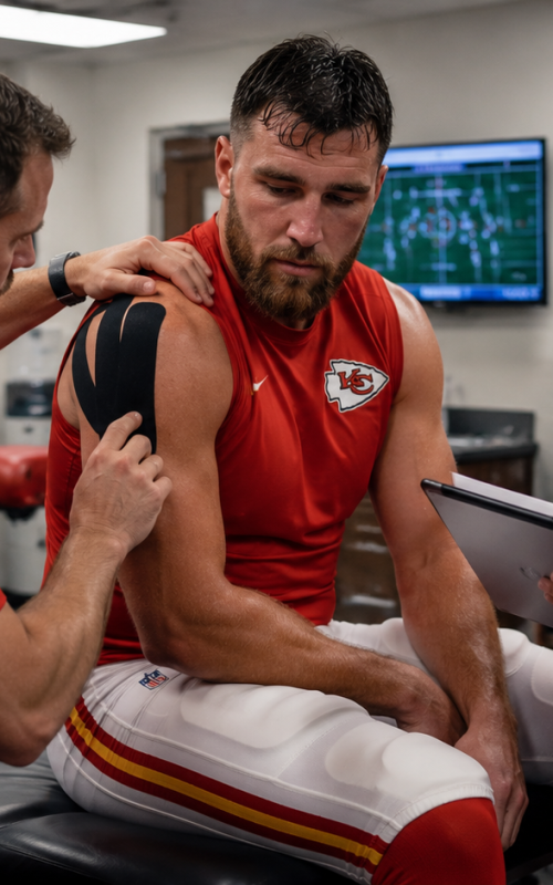 Professional football player recovering from shoulder injury with medical support team nearby