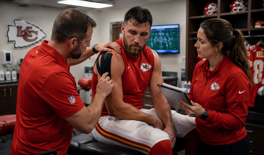 Professional football player recovering from shoulder injury with medical support team nearby