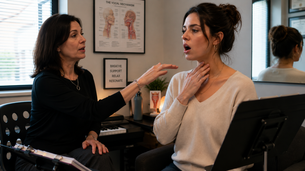 Professional singer working with vocal therapist during recovery treatment session