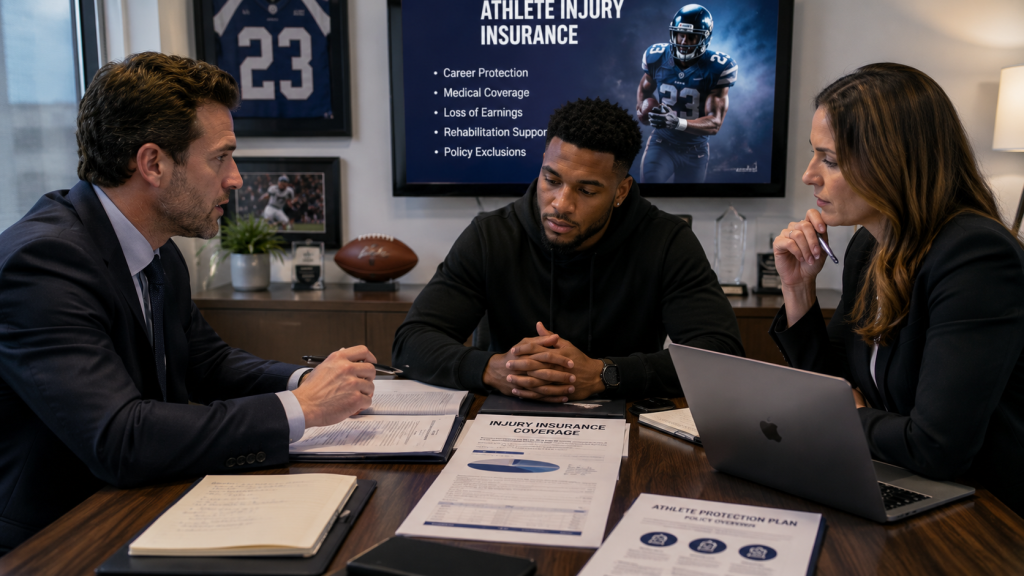 Sports agents and legal professionals discussing athlete injury insurance coverage