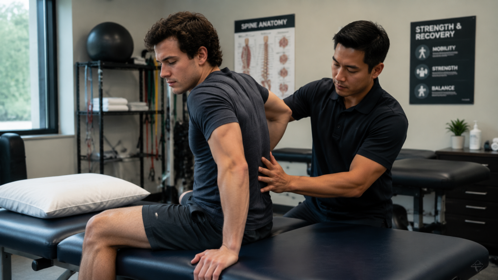 Actor recovering from back injury with physical therapy and medical support