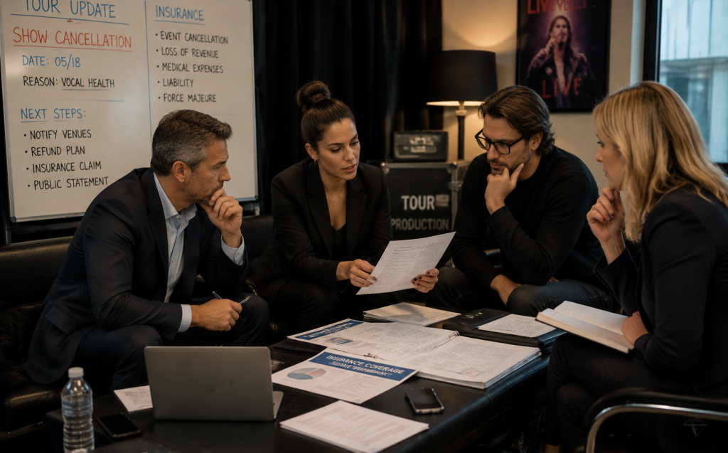 Entertainment professionals discussing insurance coverage after singer performance cancellation