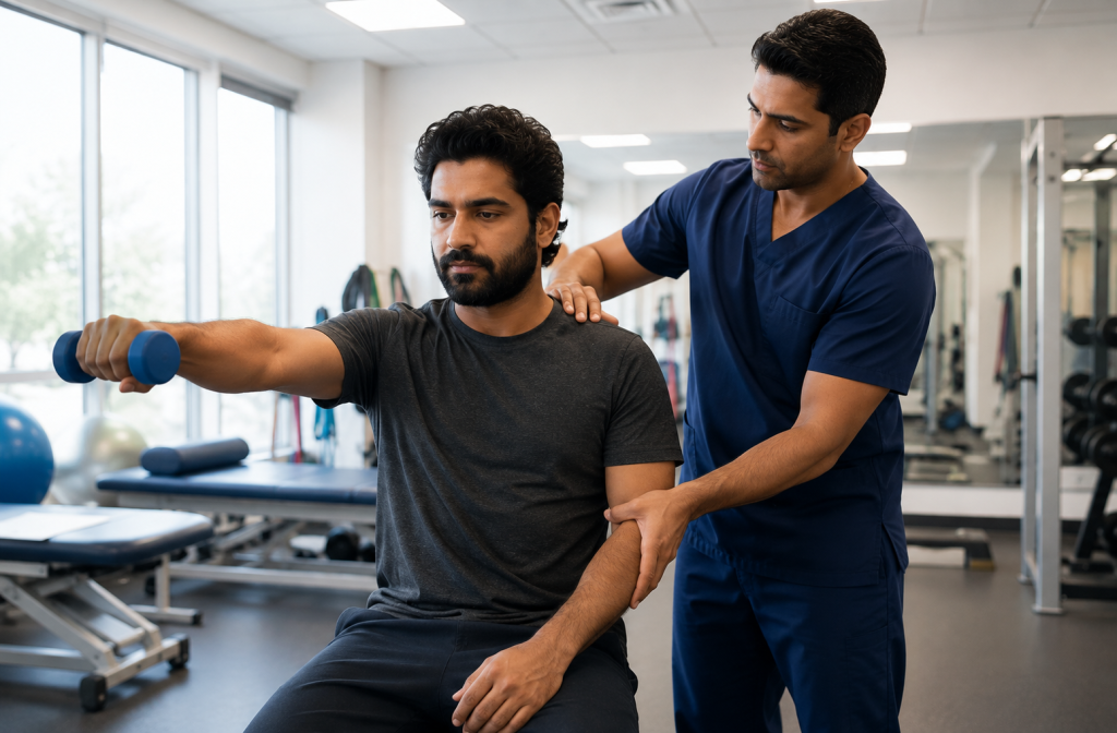 Actor performing shoulder rehabilitation with physical therapist