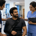 Actor recovering after shoulder surgery with medical support
