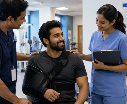Actor recovering after shoulder surgery with medical support