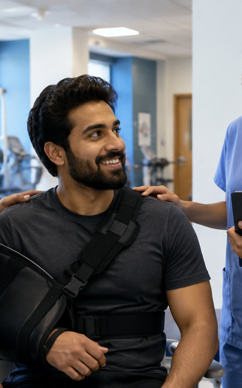 Actor recovering after shoulder surgery with medical support